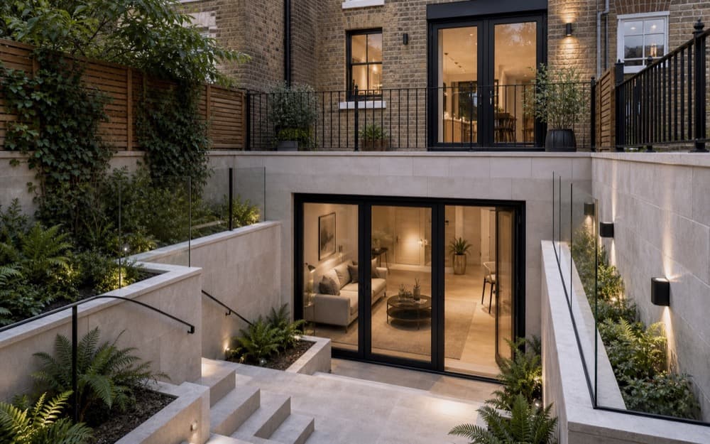 London basement living space opening onto a planted lightwell