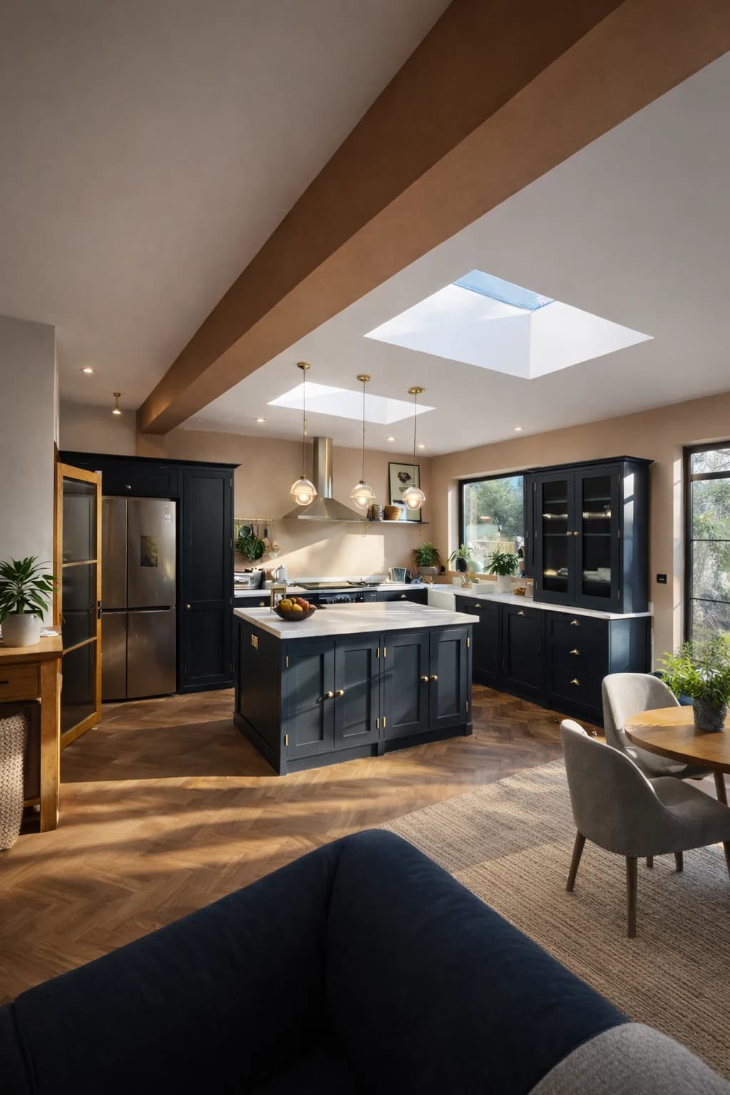 Kitchen extension with an island, roof glazing and exposed ceiling beams