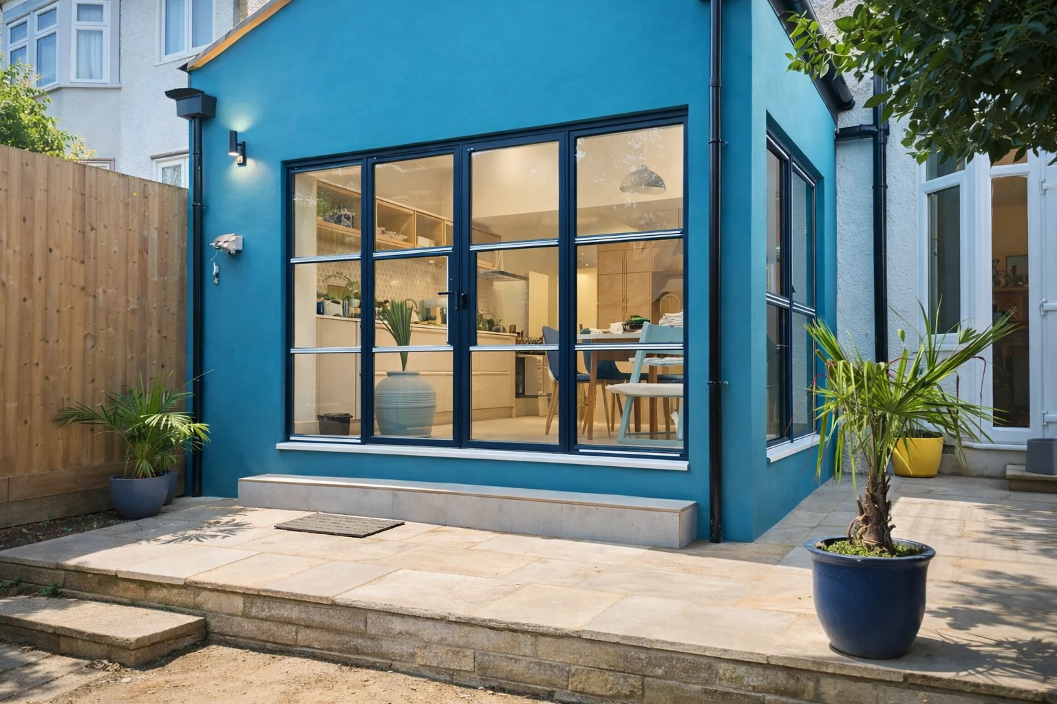 Garden doors and steps outside the blue extension