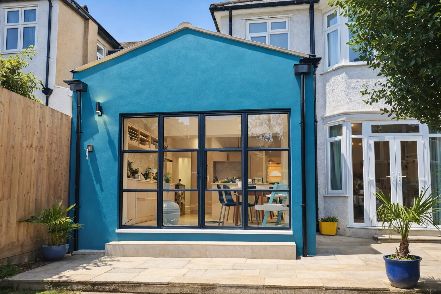 Blue rear extension with black-framed glazed doors