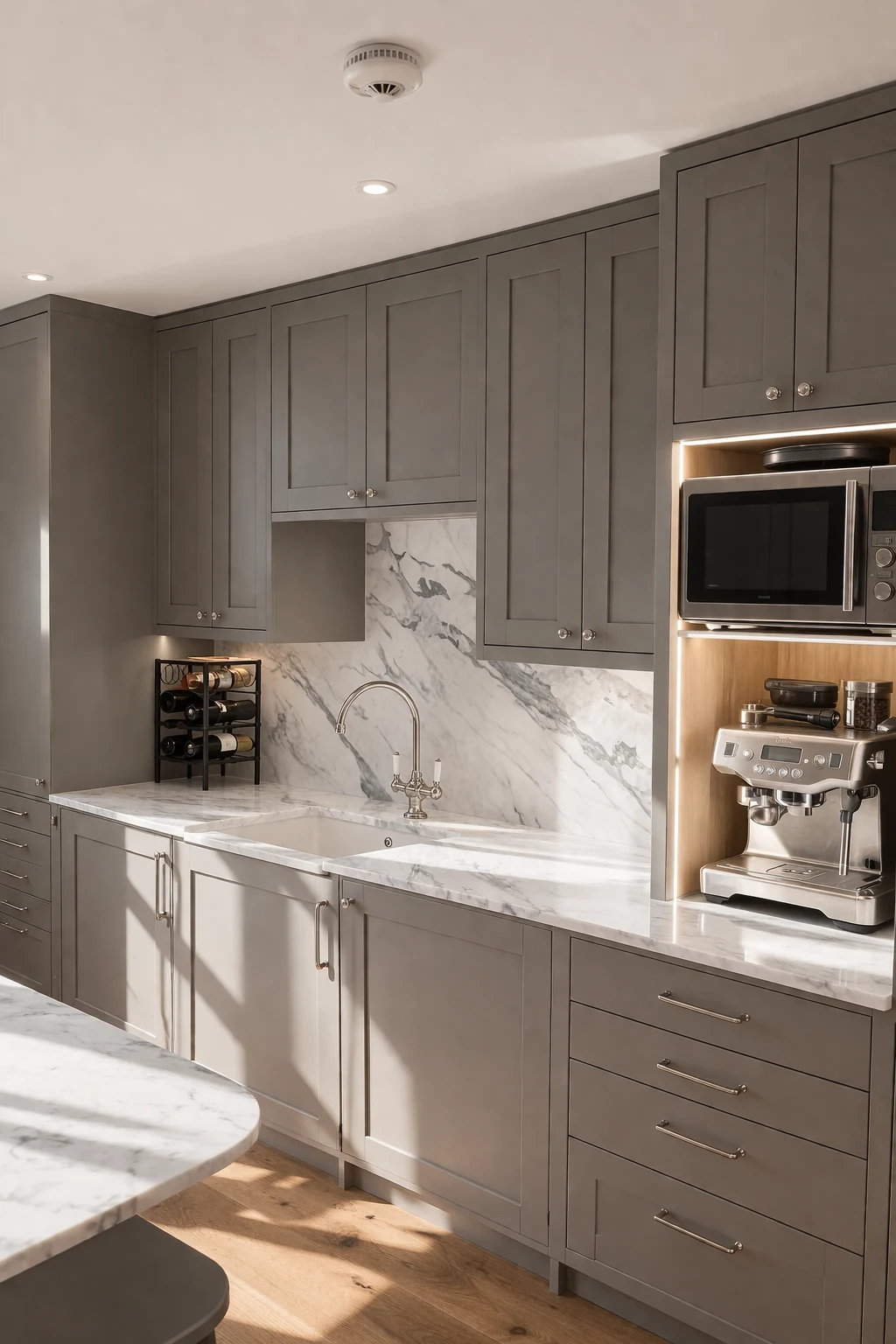 Grey kitchen cabinetry and a pale veined splashback