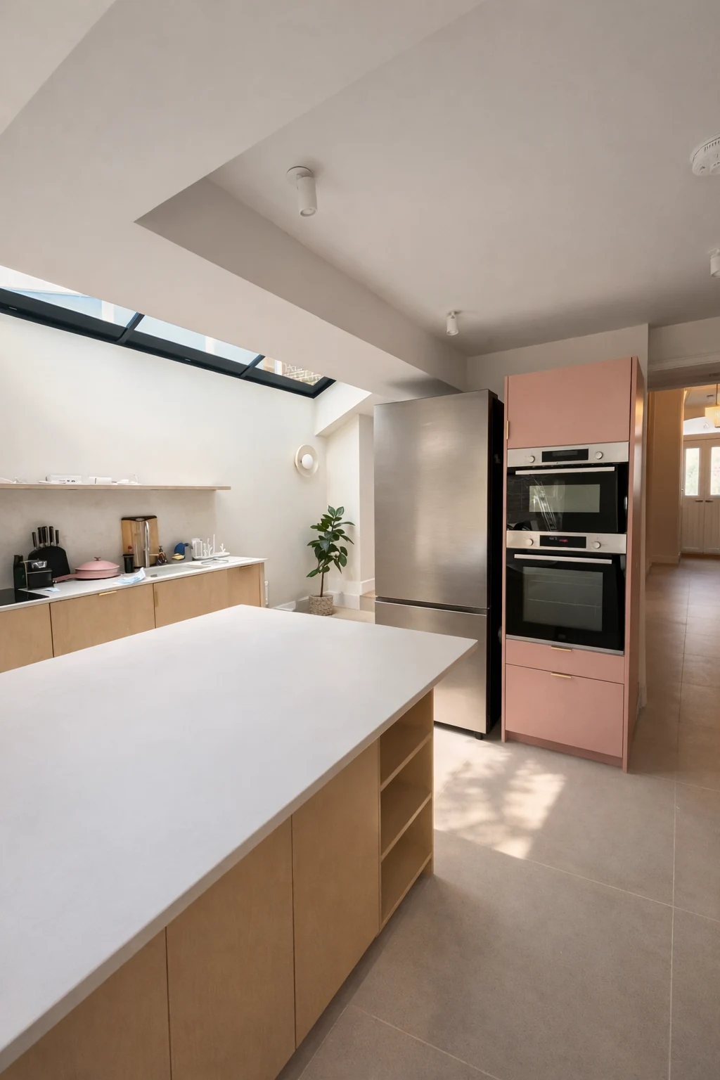 Pale island worktop beside timber and pink kitchen cabinetry
