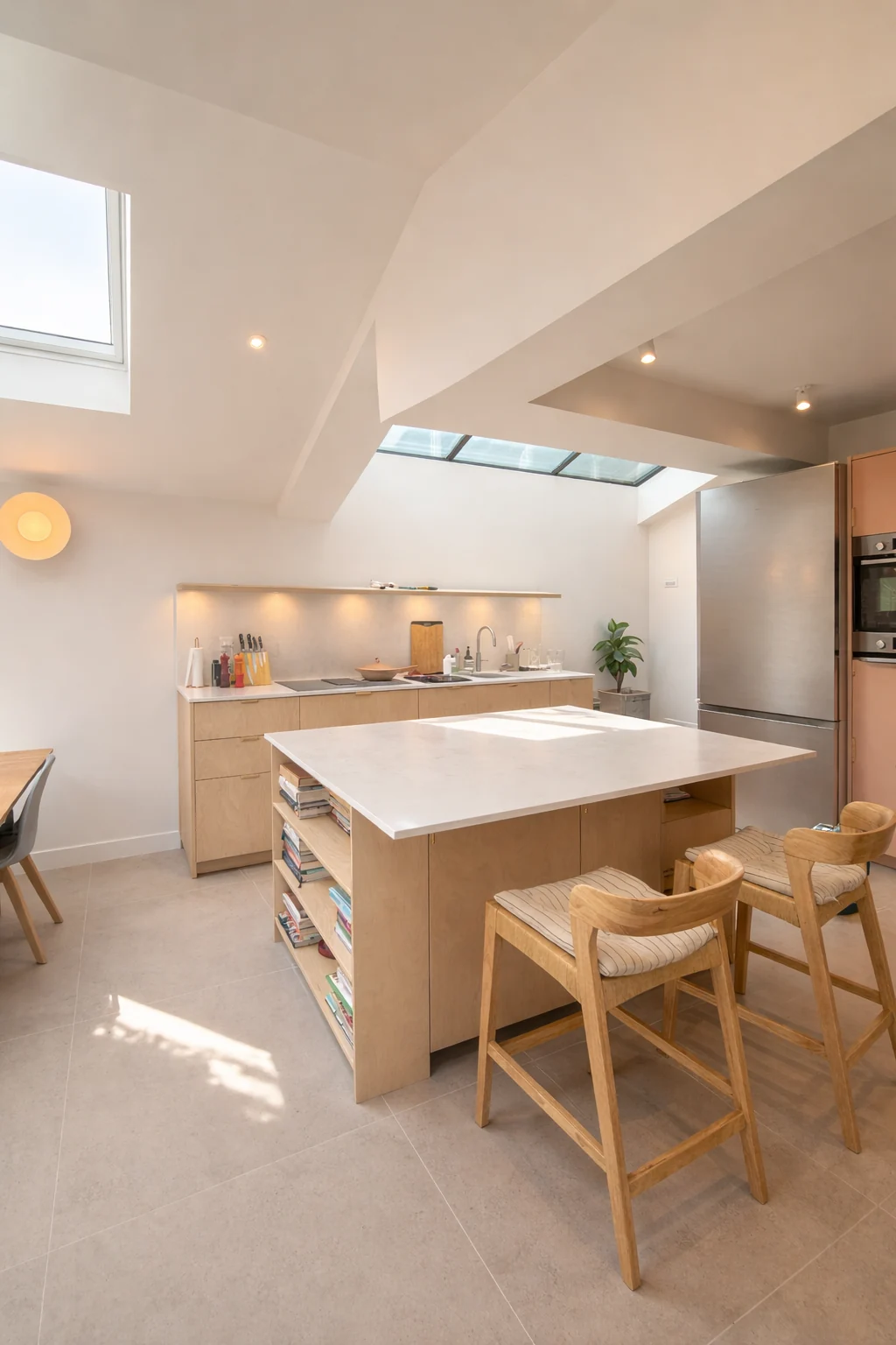 Kitchen island and timber-fronted cabinetry beneath roof glazing
