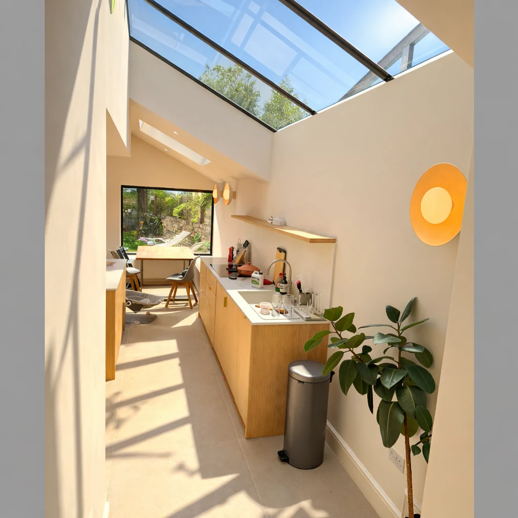 Kitchen preparation space beneath roof glazing