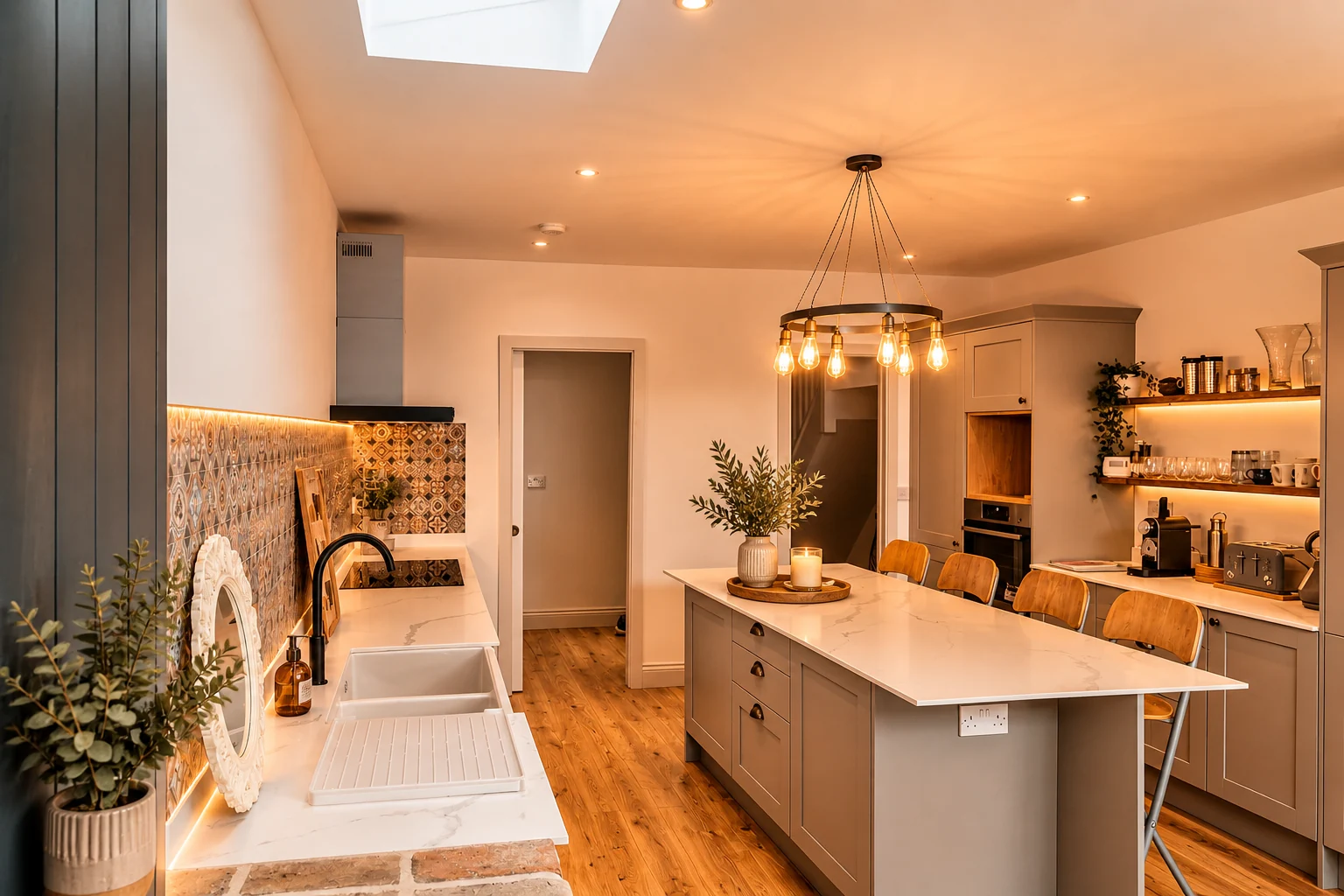 Kitchen island beneath roof glazing in the rear extension