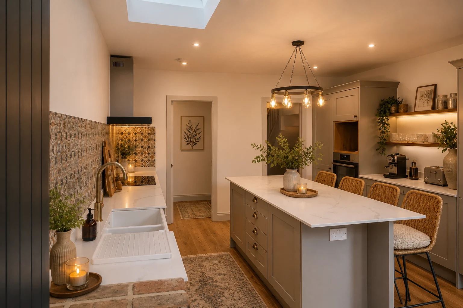 Kitchen cabinetry and island with pendant lighting