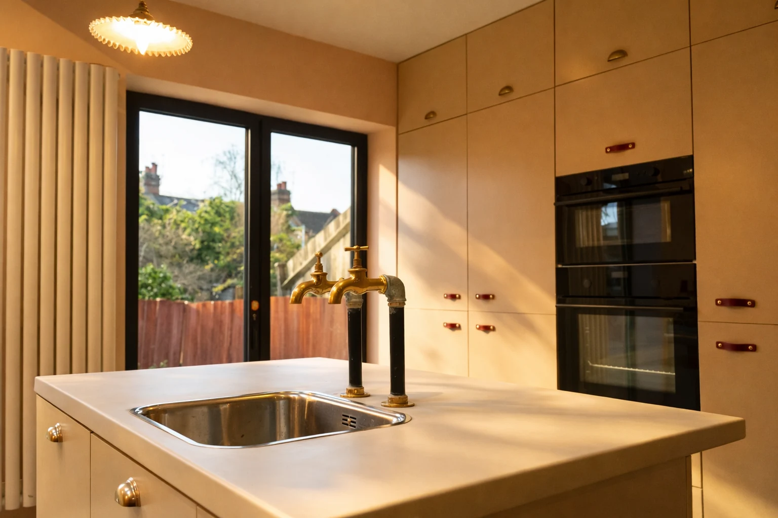 Kitchen sink and island beside garden doors
