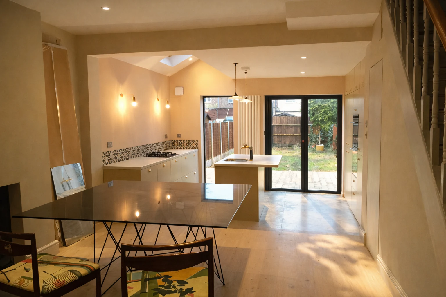 Dining table beside the kitchen and garden glazing