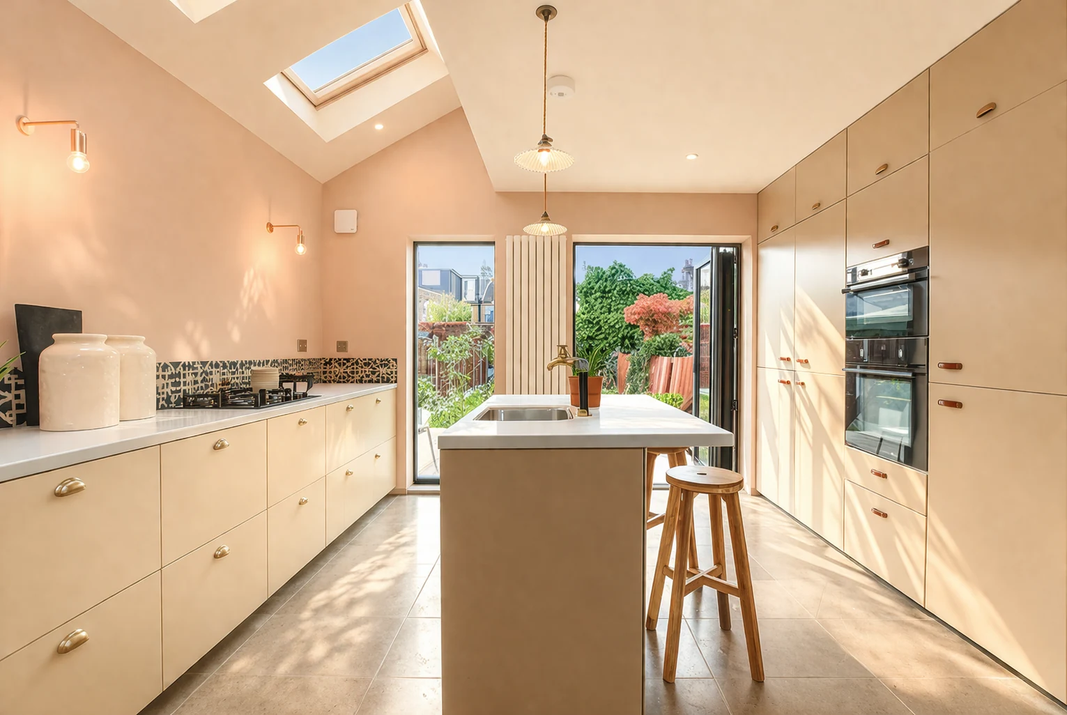 Kitchen island and roof glazing facing the garden