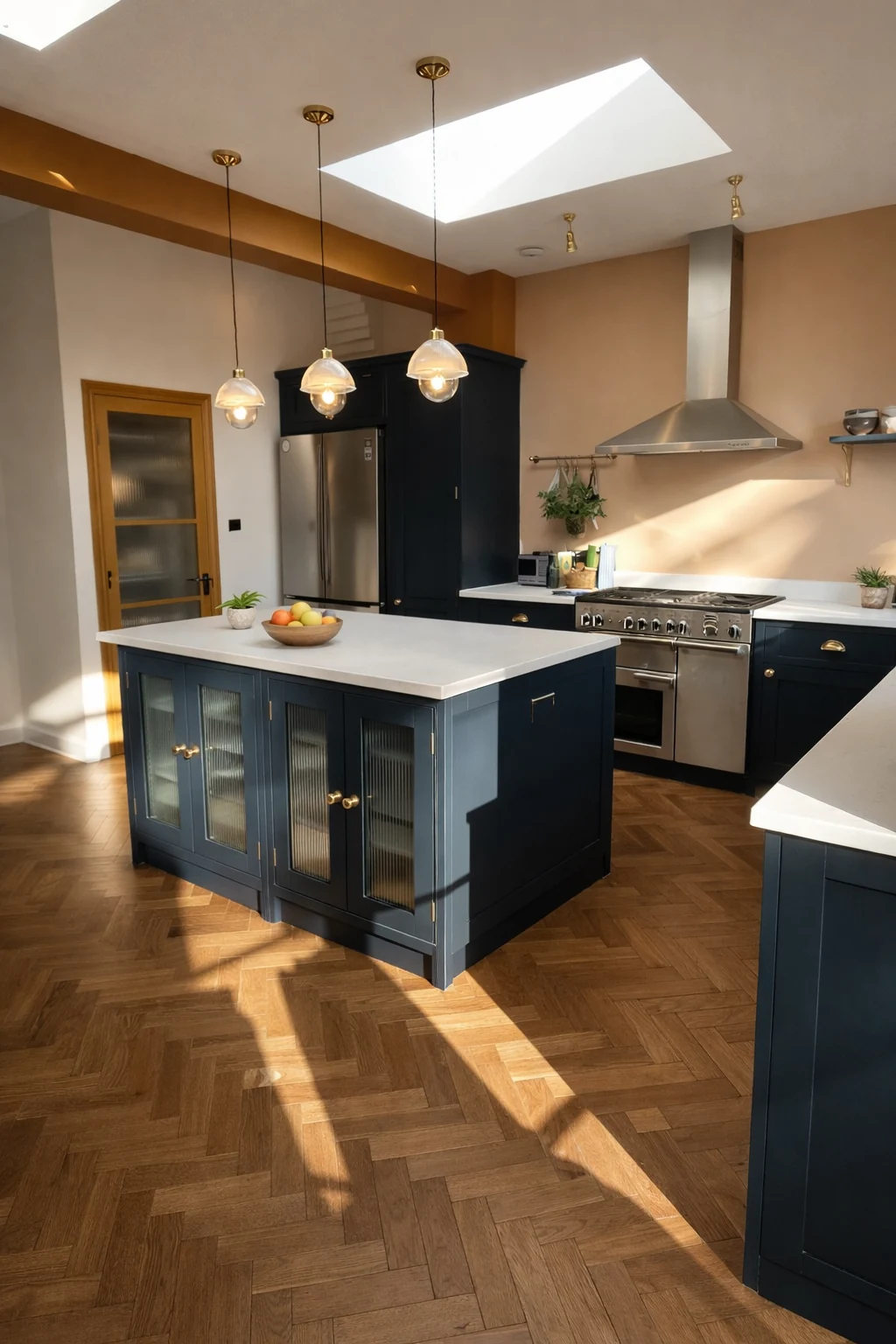 Blue island beneath pendant lights and roof glazing