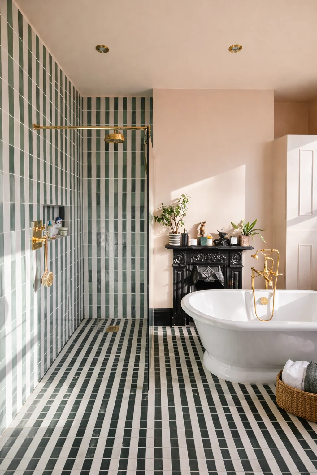 Freestanding bath beside striped wall tiles