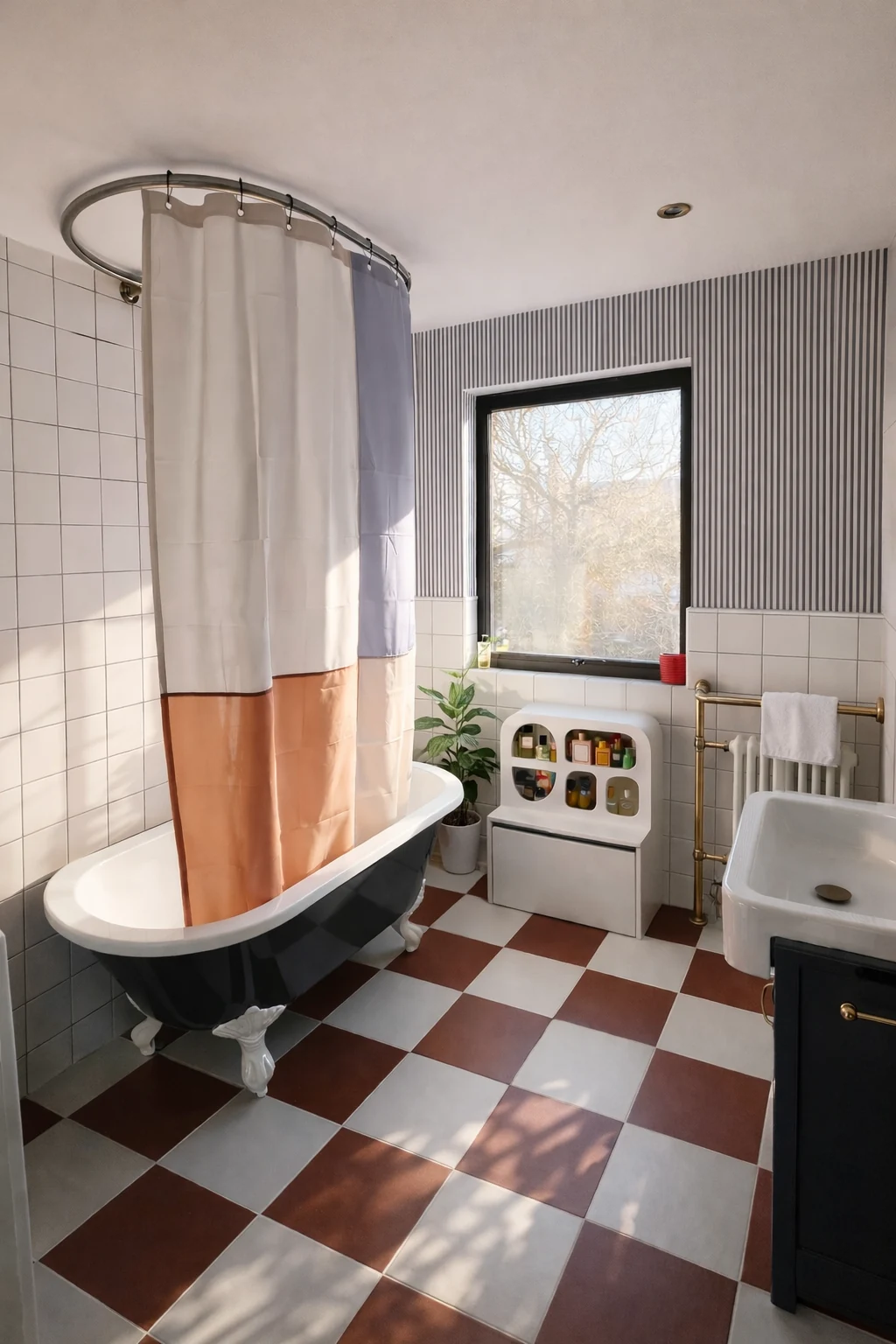 Tiled bathroom with a bath and checkerboard floor
