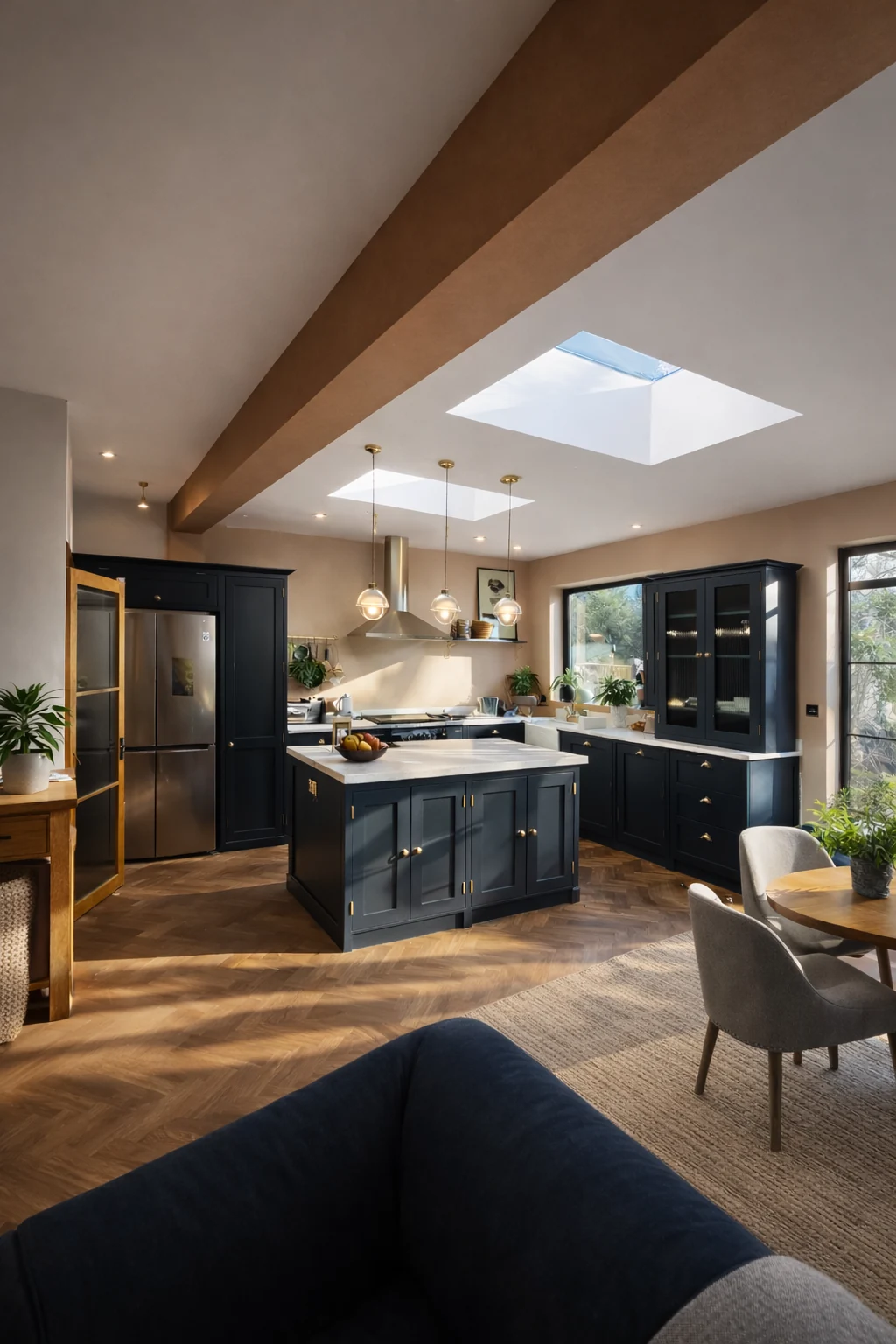 Kitchen extension with an island, roof glazing and exposed ceiling beams